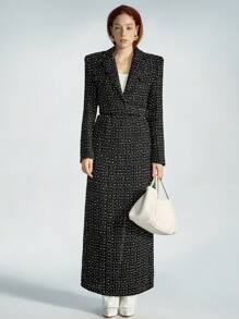 SHEIN Privé 时尚宽松短款夹克搭配超长直筒裙，粗花呢女式套装，秋季 - 黑色 - 查看 4
