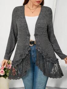 SHEIN Clasi Plus Size Women Front Button Long Sleeve Lace Trim Casual Blouse