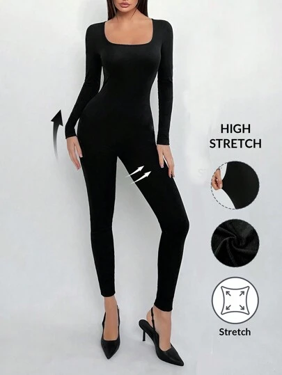 SHEIN Tall Large Square Neck High Stretch Rib Women's Tight Basic Jumpsuit