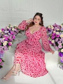 Flirla 大码雪纺刺绣花卉印花连衣裙，带有情人节、玫瑰、心形、波尔卡圆点、爱心、嘴唇、丘比特、88D 花朵图案 - 粉色 - 查看 7