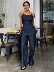 DAZY 女士简约吊带背心和牛仔裤 2 件套 - 深色水洗藍 - 查看 5