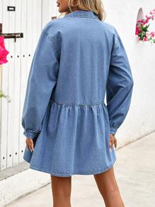 SHEIN LUNE Women Front Button Long Sleeve Pleated Casual Denim Mini Dress