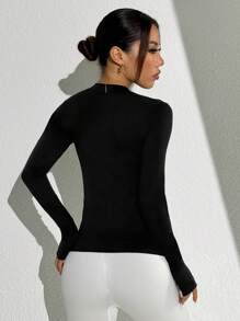 Easithlete Women's Solid Color Fitted Long Sleeve Stand Collar Sports Jacket - Black - View 2