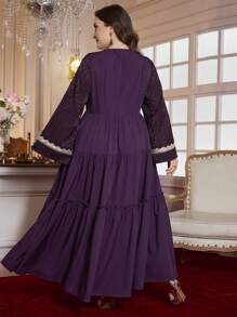 Al Najma Vestido acampanado de satén jacquard de cuello redondo y manga acampanada, corte ajustado, talla grande para mujer