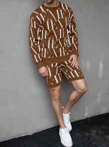 Manfinity Homme Setelan Kasual Pria: Sweater Lengan Panjang Kerah Bulat dengan Motif Huruf dan Celana Pendek Rajut, Musim Gugur/Dingin - Rust Brown - View 4