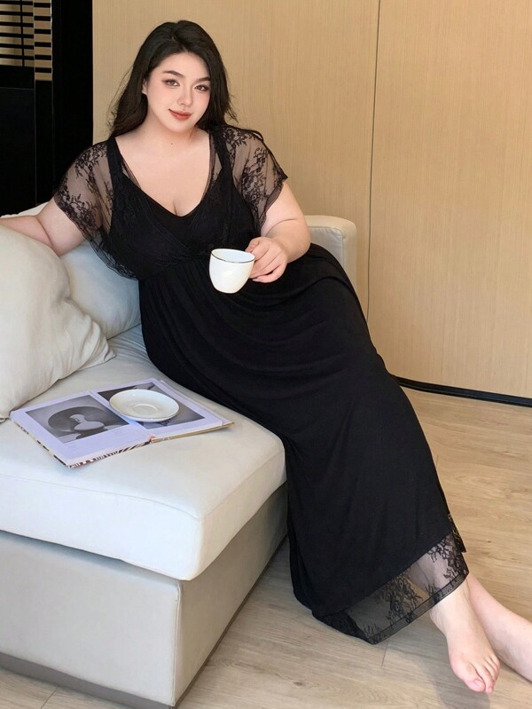 Dazy Plus Solid Color Lace Patchwork Cinched Waist Sleepwear Dress, All Season Plus Size Nightgown, Vacation