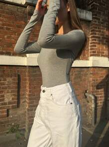 SHEIN EZwear Grey Knitted Bodycon Bodysuit, Women Casual Long Sleeve Round Neck