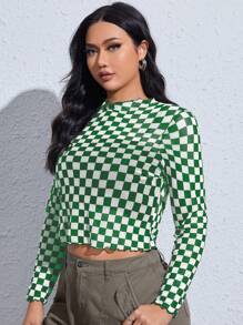 SHEIN EZwear Parte superior recortada de malla con estampado de cuadros verdes y blancos, tallas grandes, para el verano
