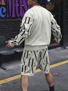Manfinity EMRG Men's Letter Pattern Crew Neck Long Sleeve Casual Sweater And Knitted Shorts Set, Autumn/Winter