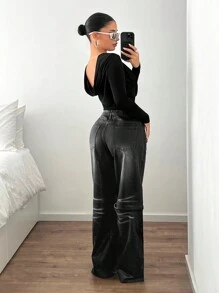 SHEIN ICON Women's Casual Front Button Pocket Simple Jeans, Everyday Wear - Black - View 3