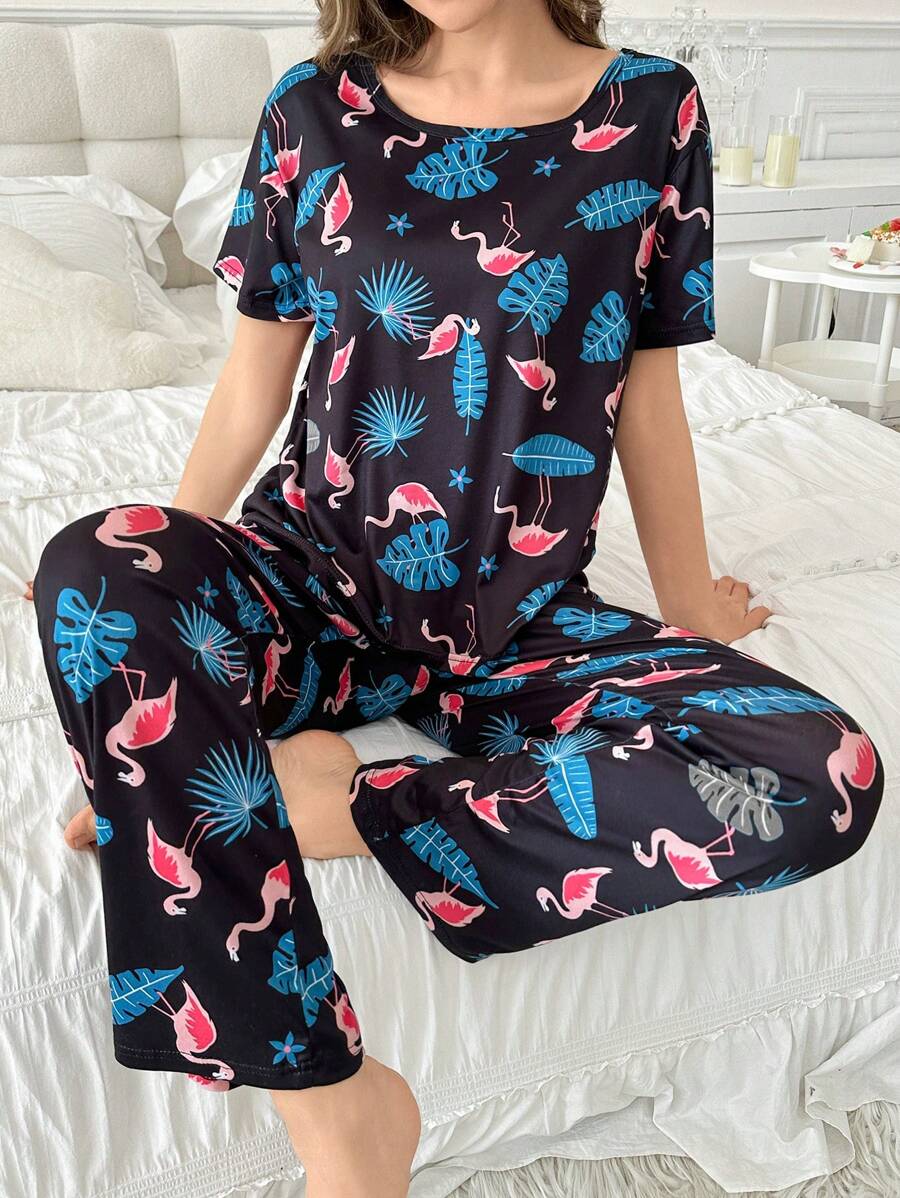 Crew Neck Printed Short Sleeve Long Pants Women Pajama Set - Black - View 1