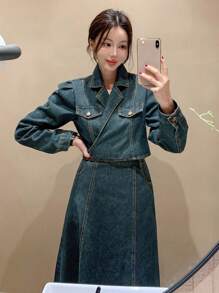 DAZY Women Short Denim Crop Top And Mini Skirt Set - Medium Wash - View 4