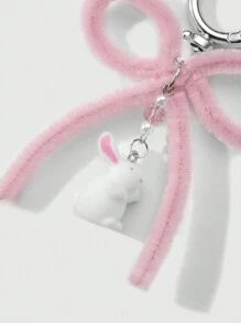 ROMWE Kawaii 2pcs Ins Style Cute & Delicate Fashion Highly Attractive Pink + Blue Flocked Twist Bow Bunny Pendant Keychain & Keyring, Combo Set Suitable For Sisters, BFFs, Couples, Friends, Daily Wear, Holiday Gift