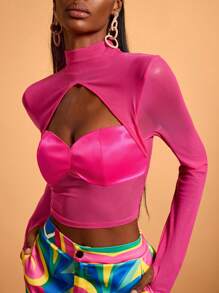 Abeille Creations Designer Boho Bohemian Women's Hot Pink Stand Collar Hollow See-Through Mesh Corset Sexy Short Party Top, For Holiday, Vacation, Spring & Summer, Going Out, Festival, Ibiza Fits