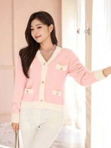 DAZY V-Neck Colorblock Cropped Cardigan, Minimalist Casual Style Suitable For Daily Wear,Fall Clothes - Pink - View 6