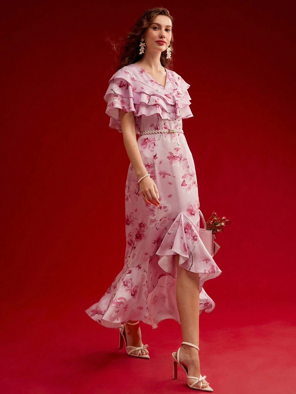flower dress flowy Flowy A-Line V-Neck Pink Floral Tulle Bridesmaid Dresses