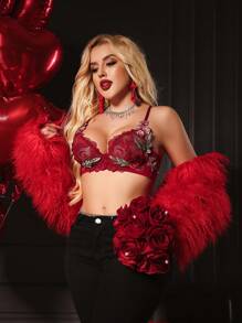 SHEIN 3D Floral Lace Romantic Country Style Women's Lingerie Bra - Burgundy - View 1