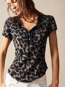 Bohemela Casual Leopard Print Half-Zip Placket Short Sleeve Fitted Women T-Shirt