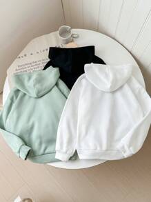 SHEIN Tween Girl 3pcs Set Fleece Knit Plain Hooded Pullover Sweatshirts,In Fall/Winter - Multicolor - View 2