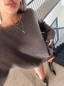 SHEIN Essnce Drop Shoulder Distressed Trim Sweater,Long Sleeve Tops - Khaki - View 7