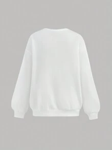 SHEIN Teen Girls' White Solid Knitted Rhinestone 3D Flower Casual Crew Neck Long Sleeve Sweatshirt - White - View 2