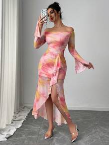Firerie Vestido maxi elegante y romántico, único para el Día de San Valentín, con hombros descubiertos, mangas de campana, estampado de teñido anudado en degradado rosa, efecto encaje y cintura ajustada con abertura lateral, para una cita sofisticada