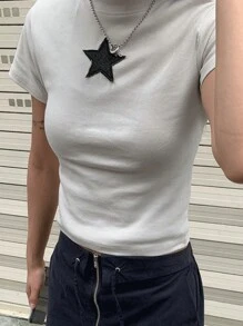 DAZY 女式纯色圆领星星刺绣短袖修身 T 恤，白色，春夏/街头时尚图案 T 恤女式可爱上衣 - 白色 - 查看 6