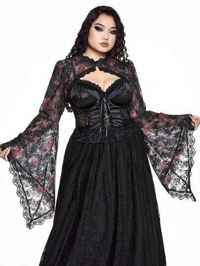Goth Top transparente de talla grande con estampado de encaje floral gótico para el Día de San Valentín