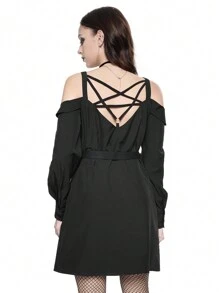 ROMWE Goth Robe chemise mini pour femmes avec col montant gothique foncé, décolleté en V au dos, sangles en forme d'étoile et ceinture de taille amovible