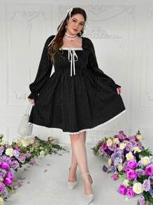 Flirla Plus Size Women Crew Neck Puff Sleeve Ruffle Hem Elegant Party Dress,Valentine Fall Cloth For Women - Black - View 7