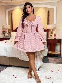 Allurite Plus Size Jacquard Bowknot Short Sleeve Dress, Valentine's Day Love/Lover Heart Prom