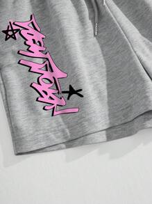 INAWLY Plus Size Women Cartoon & Slogan Print Drawstring Waist Shorts For Summer - Grey - View 5