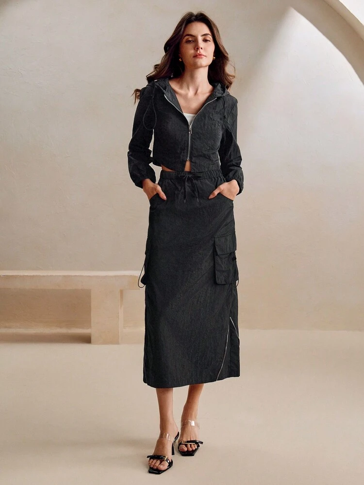 Fashionable Sporty Casual Black Hoodie And Skirt 2pcs Suit For Women