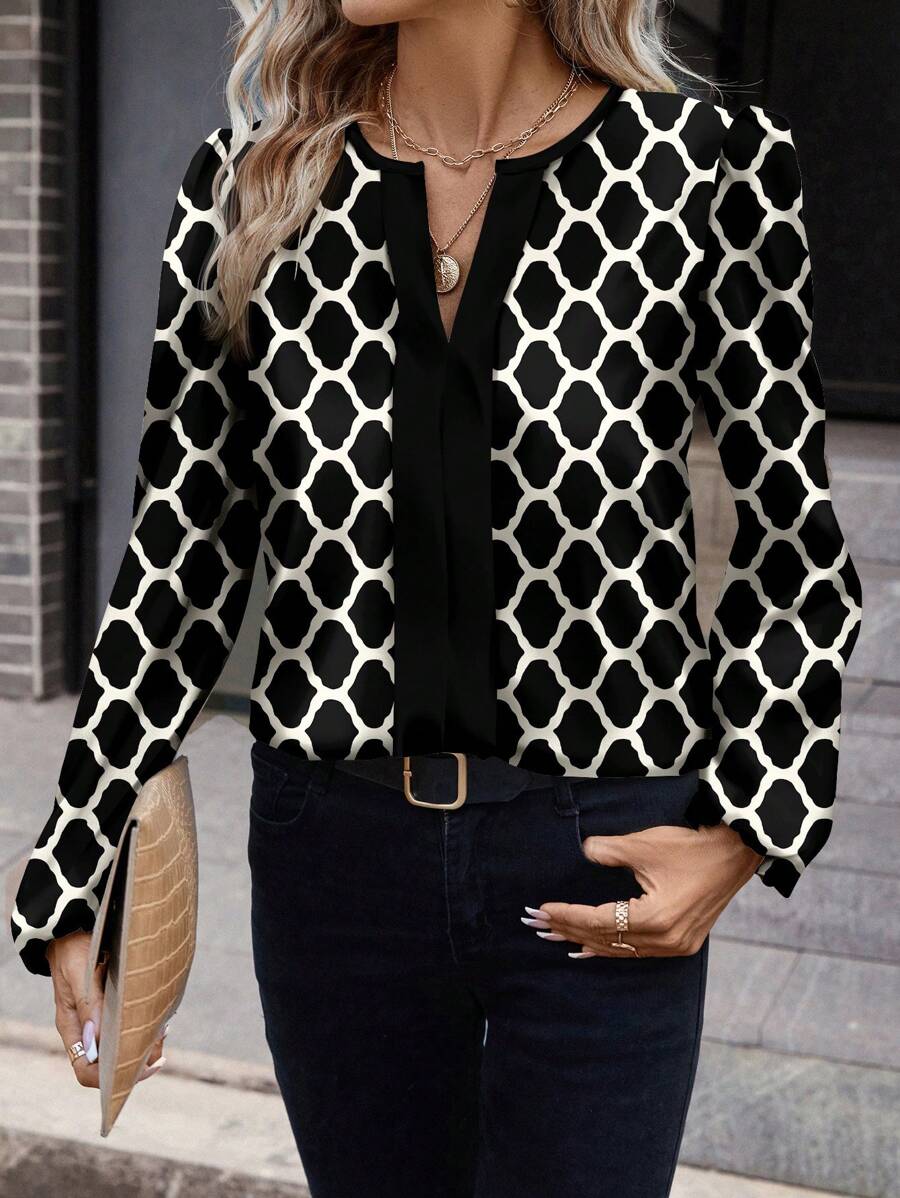 SHEIN Clasi Blusa de mujer con cuello de ojo de cerradura, manga farol y estampado geométrico