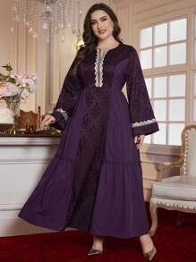 Al Najma Vestido acampanado de satén jacquard de cuello redondo y manga acampanada, corte ajustado, talla grande para mujer