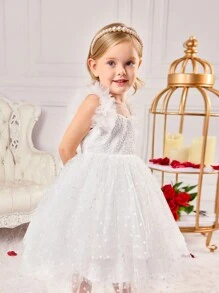 SHEIN Fern Glow  Young Girl Sweet Ruffle Hem Sleeveless White Organza Summer Dress