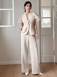 DAZY Women Front Button Short Sleeve Simple Top And Long Pants Suit Business Attire - White - View 1