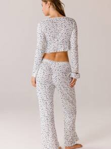 Aralina Feminine Soft Printed Pointelle Lace Trim Lounge Pajama Set - Baby Blue - View 2