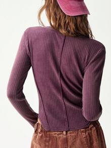 Bohemela Boho 1pc Women Plain Knitted Half Placket Long Sleeve Fitted T-Shirt - Red Violet - View 7