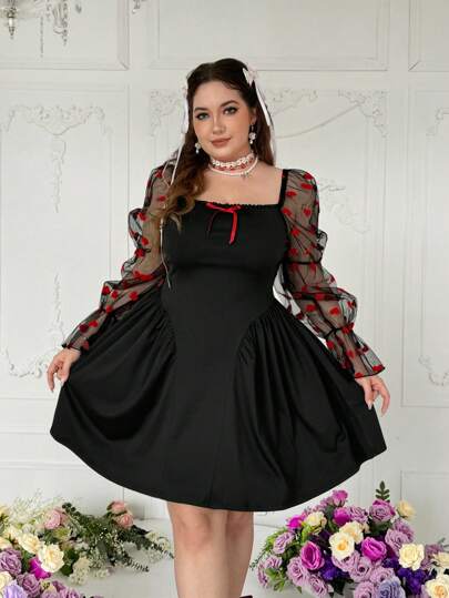 Lyrianda 大码蝴蝶结和心形袖情人节连衣裙