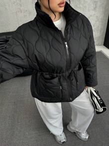SHEIN EZwear Plus Size Thick Quilted Padded Coat With Drawstring Waist, Slim Fit, Autumn/Winter - Black - View 5