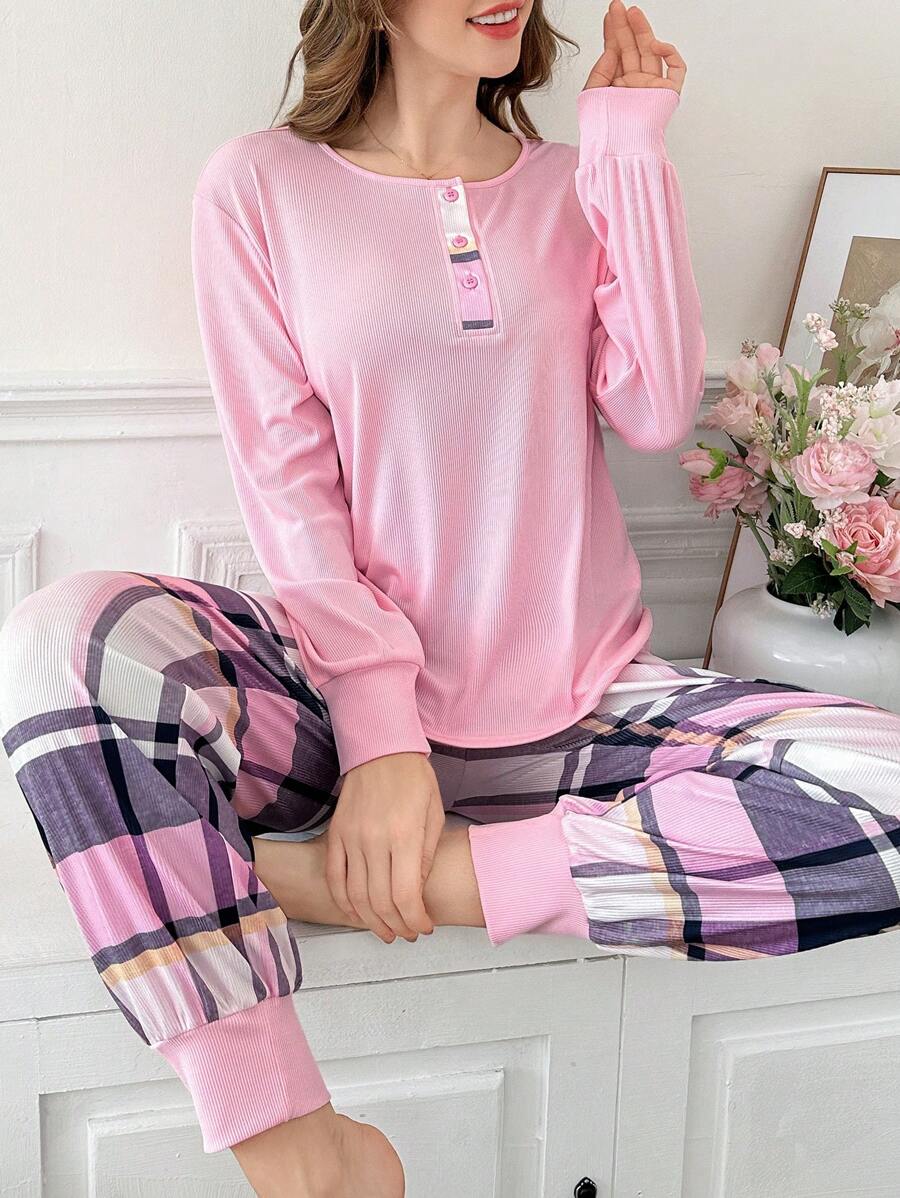 Women's Solid Color Button Front Long Sleeve Top And Pants Pajama Set, Simple - Multicolor - View 1