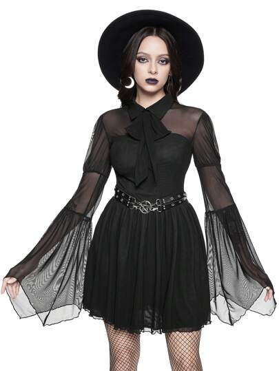 Gothic New Year Valentine's Day Ball See-Through Lace-Up Butterfly Sleeve Solid Color Mid-Length Dress For Women