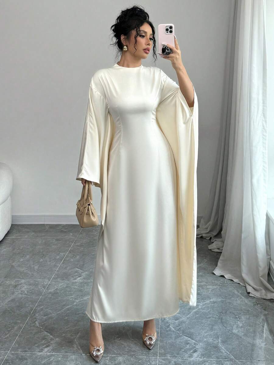 SHEIN Unity Vestido bata con cuello alto y mangas de murciélago para mujer - Champán - Ver 1