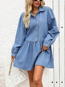 SHEIN LUNE Women Front Button Long Sleeve Pleated Casual Denim Mini Dress