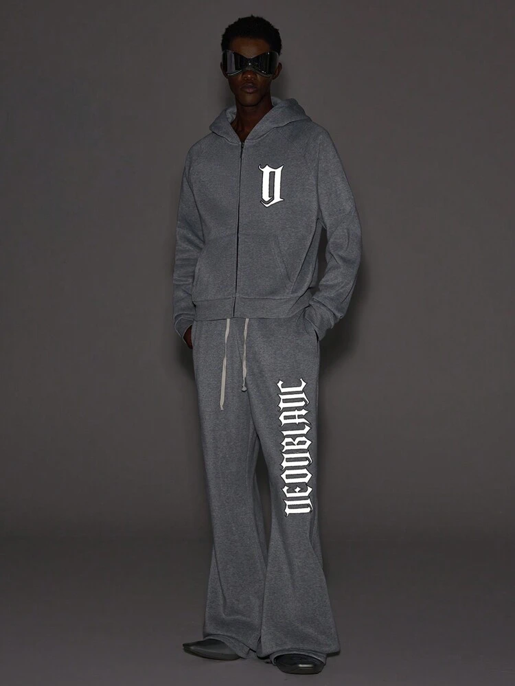 Men's Street Style Grey Hoodie Knit Reflective Letter Hooded Sweatshirt, For Fall Winter