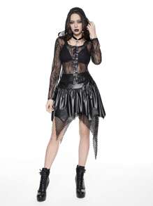 ROMWE Goth Fustă mini pentru femei, stil punk rock, festival de muzică, petrecere, negru, asimetric, tiv contrastant, plasă, cu ochiuri, decor - Negru - Vizualizare 6
