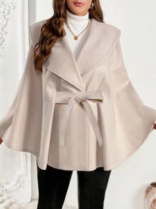 Celure Plus Size Elegant Loose Waisted Hooded Poncho Coat - Apricot - View 1