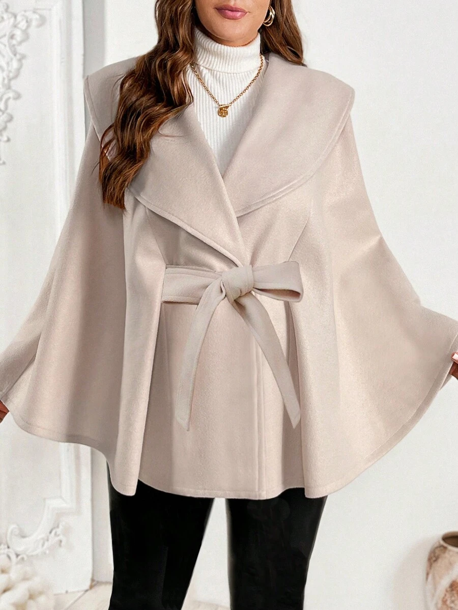 Celure Plus Size Elegant Loose Waisted Hooded Poncho Coat - Apricot - View 1