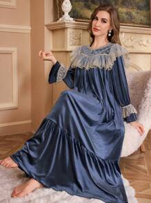 复古宫廷风格天鹅绒睡袍，简约优雅的休闲装，适合日常秋冬季 - 寶藍色 - 查看 7